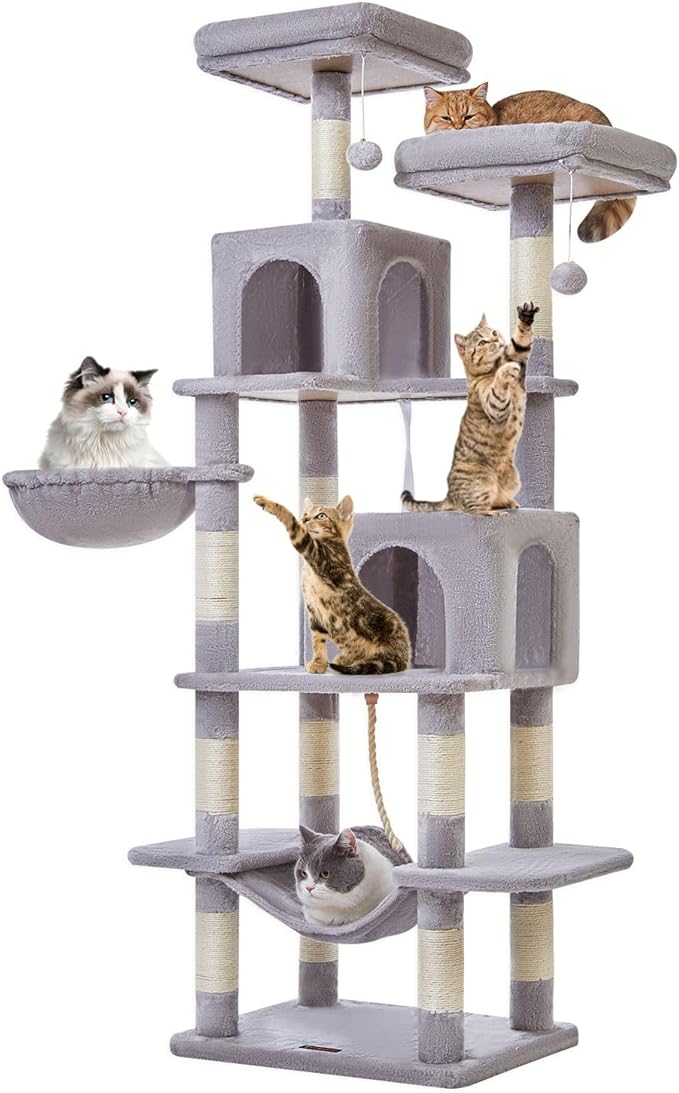 Taoqimiao Cat Tree, 71.7-Inch Cat Tower for Indoor Cats, Plush Multi-Level Cat Condo with 13 Scratching Posts, 2 Perches, 2 Caves, Hammock, 2 Pompoms,Light Gray MS013LW