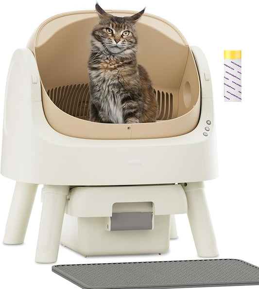 Automatic Litter Box, Self Cleaning Litter Box with Open Top Design, Integrated Safety Protection, Included Mat and Liner, Brown