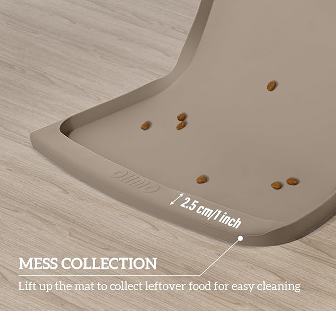 OHMO Dog Food Mat(Beige, 24 * 15'') w/Residue Collection Pocket Silicone Pet Feeding Mat for Floor High Edges Anti Spills Waterproof Cat Water Bowl Tray, Easy Clean Placemat