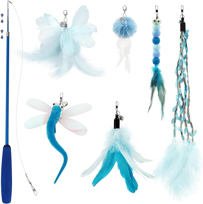 SONGWAY Cat Wand Toys for Indoor Cats - Cat Toy Set with Retractable Teaser Wand and 6 PCS Fairy Feather Toy Refills, Dragonfly Tassel Plush Cat Toys Interactive, Blue