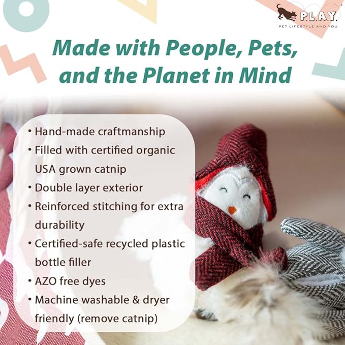P.L.A.Y. Cute Cat Toys - Holiday & Christmas Themed Organic Catnip Filled Toy, Great for Adult Cats and Kittens - Machine Washable, Recycled Materials, Rattles, Crinkles, Feathers (Chirpy Birdie)