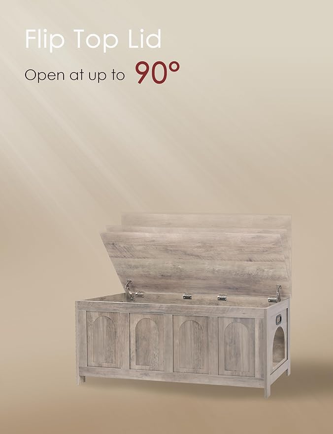 DINZI LVJ Cat Litter Box Enclosure, Flip Top Litter Box Furniture, Hidden Cat Washroom, 2-Entrances Wooden Pet House, 47.2" L x 18.7" W x 19.7" H, End Side Table, TV Stand, Easy to Assemble, Greige