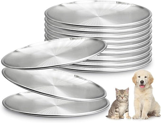 Fhiny 12 PCS Stainless Steel Cat Dish Set, 5.5", Wide Whisker Friendly Cat Bowls Shallow Kitten Feeding Plate Replacement Basic Small Pet Bowl Metal Flat Cat Dish for Stray Cats Dogs (5.5" Dia)