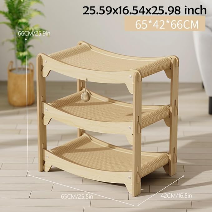 Multi-Level Sisal Cat Scratcher Bed | 2 & 3-Tier Wooden Cat Tower with Sisal Scratching Surface | Wood Pet Furniture (Large)