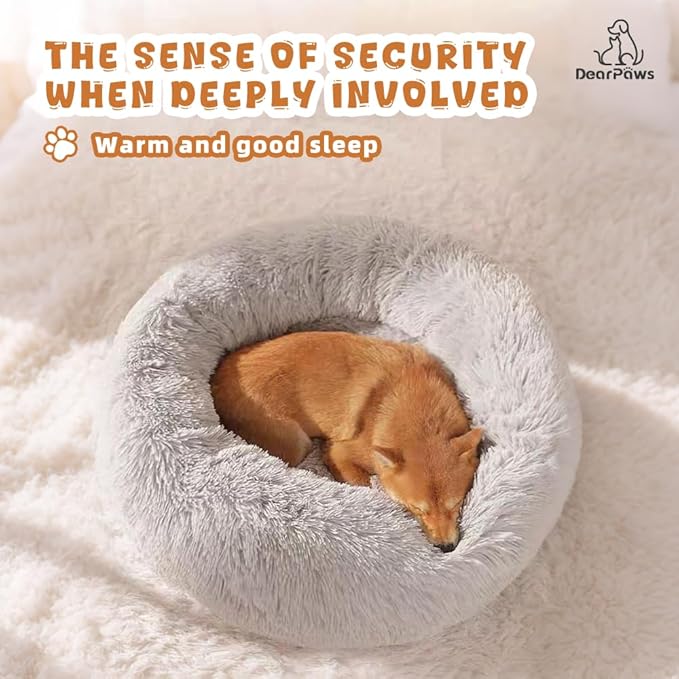 Comfy Dog Bed Large Size Dog - Donut Washable Large Pet Bed, 39 inches Anti-Slip Round Fluffy Plush Faux Fur Cat Bed, Fits up to 120 lbs Pets (Light Grey)