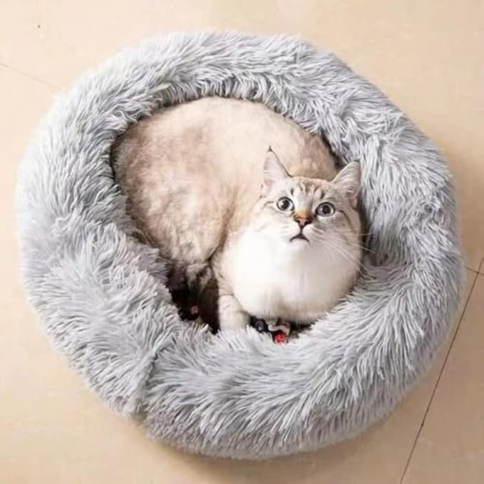 Large Cat Beds for Indoor Cats - Dog Bed Washable 24 inches for Small Medium Dogs, Anti Anxiety Round Fluffy Plush Faux Fur Cat Bed, (Large 24" L x 24" W)