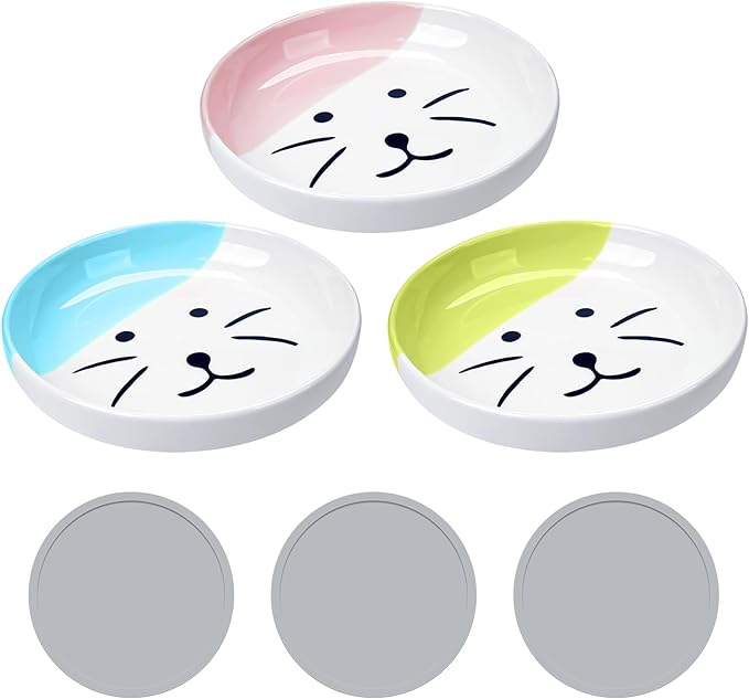 Shallow Ceramic Cat Bowls, 5.9 Inch Wide Cat Dishes Whisker Friendly, 3 Pack Pet Food and Water Plates with Non Slip Mats