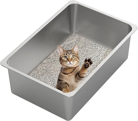 Kirecoo Stainless Steel Cat Litter Box XXL- Metal High Sided Cat Pan, Large Stainless Steel Box, Indoor Litter Tray, Non Stick, No Smell, Easy to Clean, Pet Toilet Supplies for Kitten, Kitty, Rabbit