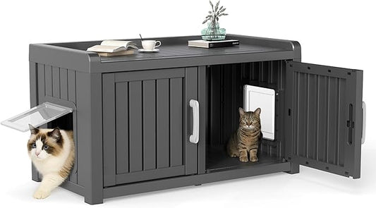 Cat Litter Box Enclosure Resin Hidden Cat Litter Box Furniture Multi-Functional Double Door Spacious Odorless Waterproof UV-Resistant Indoor Outdoor Use Black