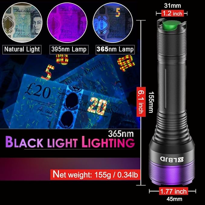365NM UV Blacklight Flashlight, Professional 4-Core High-Intensity Filtered LED, High Capacity of Battery, Ultra-Long Range Beam for Yooperlite Hunting, Scorpions, Pet Urine, Resins, Counterfeit Money