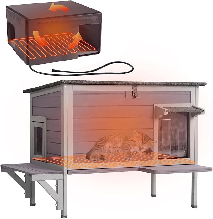 Gutinneen Heated Cat House for Outdoor Cats Insulated Kitty Shelter with Heating Pad Waterproof Cat Cage Keep Warm in Winter,Liner Include