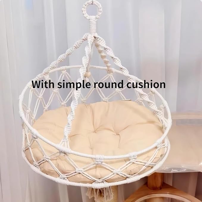 Cat Hammock, Handwoven Hanging Boho Cat Bed for Indoor Outdoor Home Decor for Playing Sleeping Climbing and Lounging with Cushion, Suitable for Cats or Small Dogs Up to 8.8 Lbs