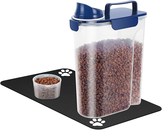 5-7Lbs Portable Airtight Dog Cat Food Container, Match Pet Feeding Mat Clean and Convenient, Making Food Less Messy, Translucent Storage Bin for Small Animal Kibble, Bird Seed, Oatmeal-Blue