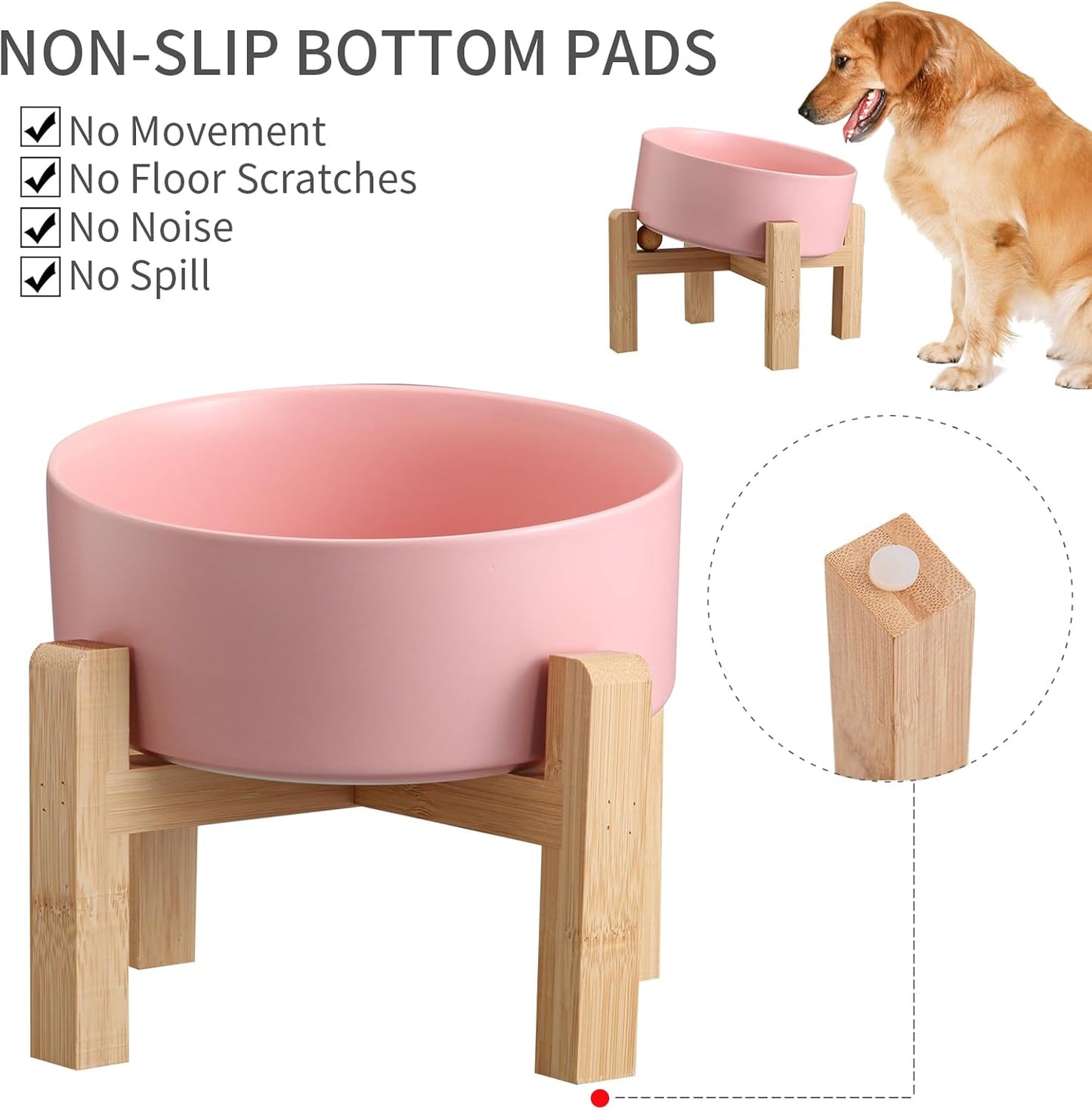 Pink Elevated/Raised 15°Tilted Anti Slip Ceramic Dog Bowl for Medium & Large Breeds,Slanted Bulldog Big Face Pet Food Water Feeding Dish with Stand (7.6 Cups/60OZ)