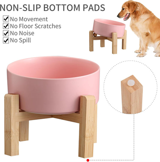 Pink Elevated/Raised 15°Tilted Anti Slip Ceramic Dog Bowl for Medium & Large Breeds,Slanted Bulldog Big Face Pet Food Water Feeding Dish with Stand (7.6 Cups/60OZ)