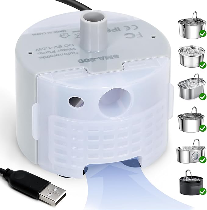 Ultra-Quiet Replacement Pump for Stainless Steel Cat Water Fountains - SMA-800 Motor - Safe and Easy to Clean with Low Voltage DC 5V and USB Cable (Bottom Suction Pump)