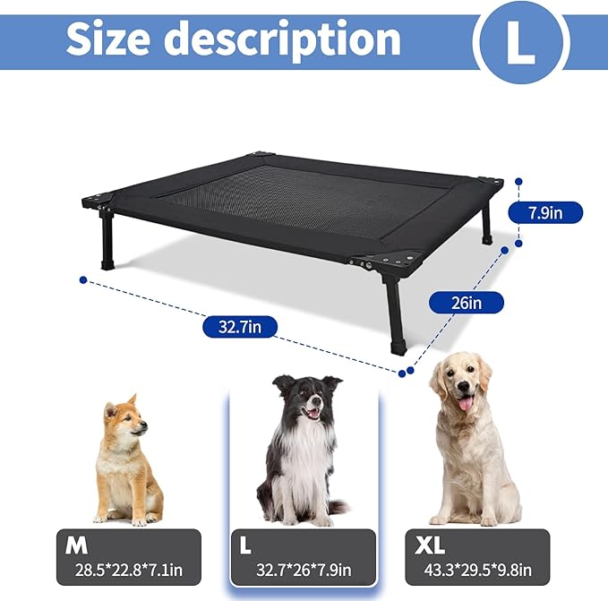 Pozico Elevated Outdoor Dog Bed - Foldable Cooling Dog Cot with Metal Frame, Portable Camping Pet Bed for Medium & Small Dogs, Breathable Mesh for Indoor & Outdoor Use, Black - L