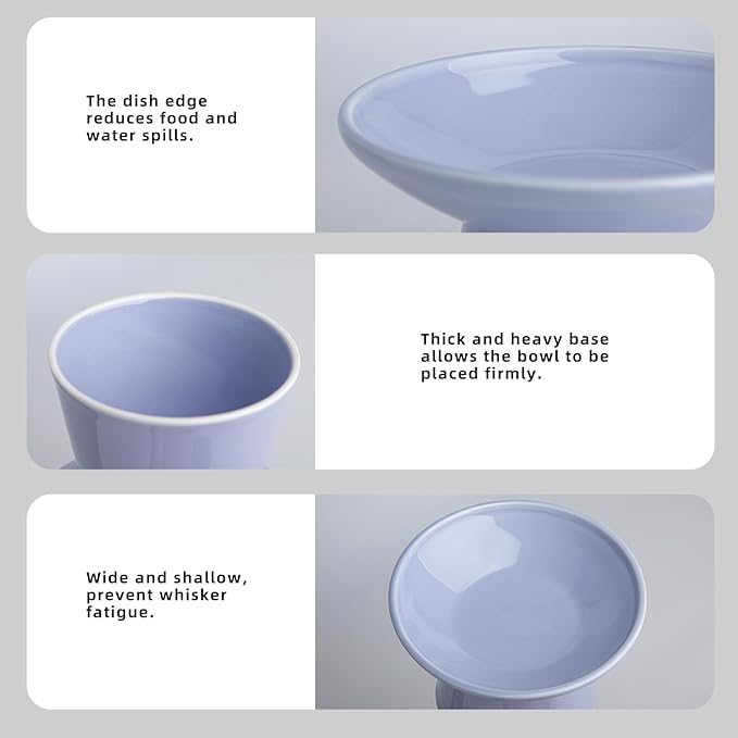 6.2 Inch Extra Wide Elevated Ceramic Cat Bowls, Food and Water Bowl Set for Elder Big Cats Small Dogs, Raised Design for Pet Easy Eating, Protect Cat's Spine Set of 2(Light Purple)