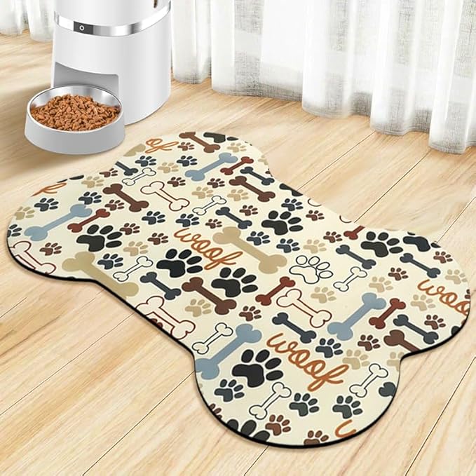 Dog Food Mats for Floors Waterproof, Pet Feeding Absorbent Water Bowl Mat Cat Placemats Beige Bone Shape 25.5 * 17 inch