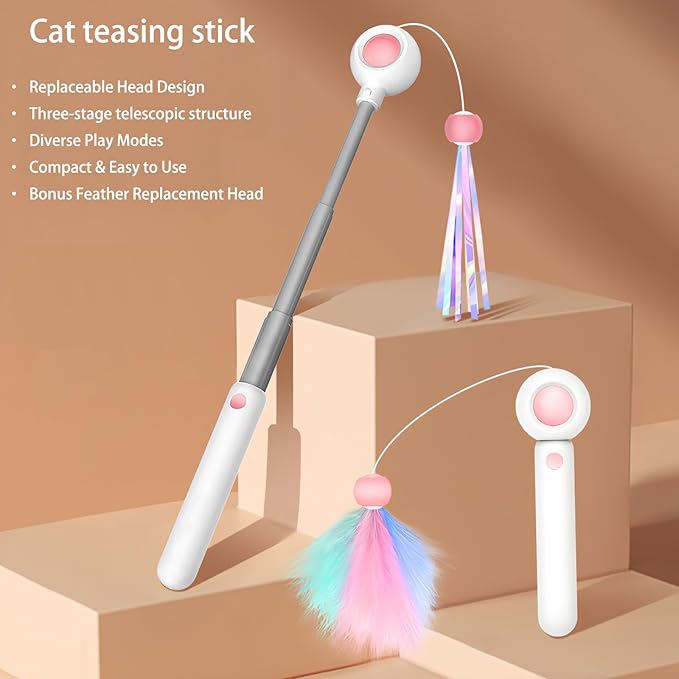 Interactive Cat Toys — Semi-Automatic Retractable Wand Toy and 2 Extra Feather Toy Refills, for Indoor Cats to Chase, Play, and Exercise