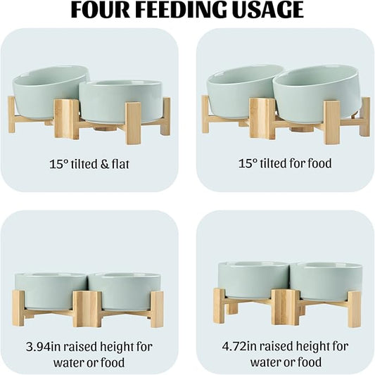 SPUNKYJUNKY 15° Slanted Ceramic Dog and Cat Bowl with Wooden Stand, Tilted Bulldog Food and Water Bowl No Slip Non-Spill for Cats Medium Dogs Big Face Pets 28.7 OZ (3.6 Cups, Morandi Green × 2)