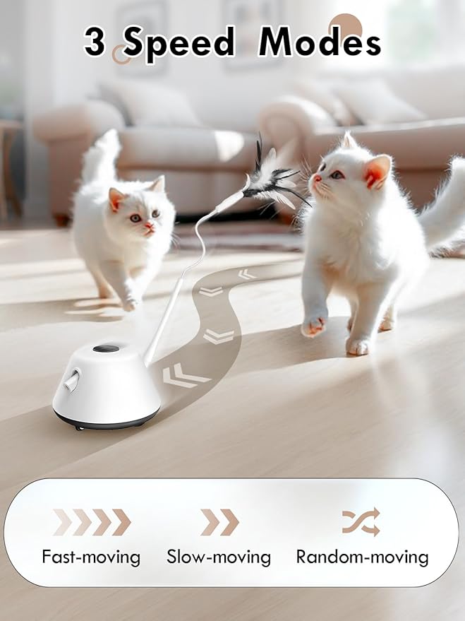Automatic Interactive Cat Toys for Indoor Cats with Removable Feathers,3 Speed Play Modes,Smart Standby,USB Powered,Rubber Wheels for Adult Cats Kitten to Keep Busy Exercise,CT01-K