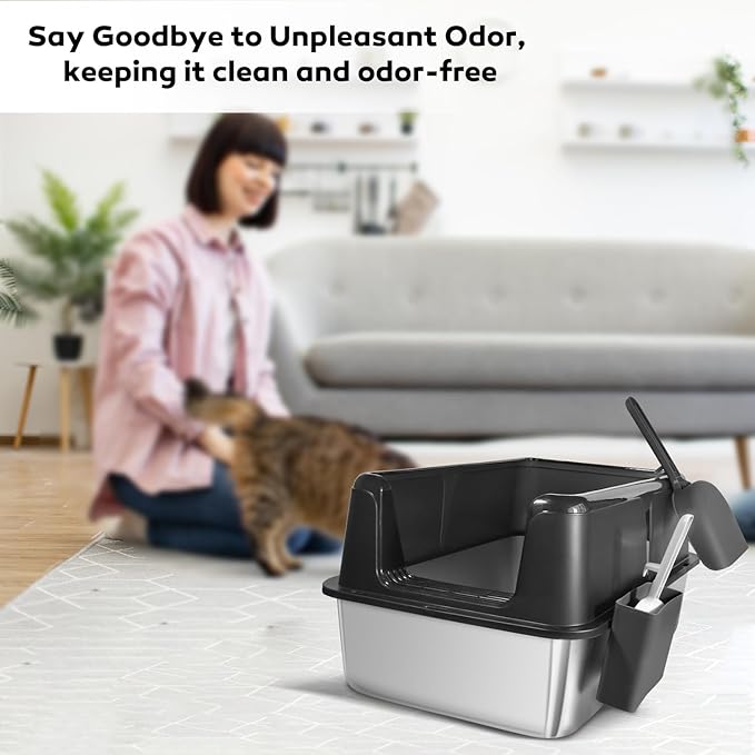 Stainless Steel Litter Box with Lid, 24" XL Extra Large High-Sided Metal Cat Litter Box for Multiple Cats,Anti-Leakage & Non-Stick, Easy to Clean, Includes 2 Scoops&Deodorizer Box, Black