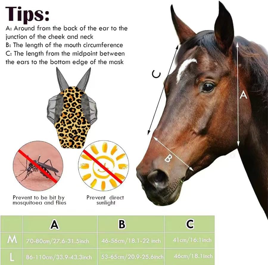 Horse Fly Mask with Ears - Comfort Fit, Durable & Breathable, Easy to on/Off | UV Protection, Large Eye Space, Stretchy Leopard Print (2pcs Large, Tangle-Free)