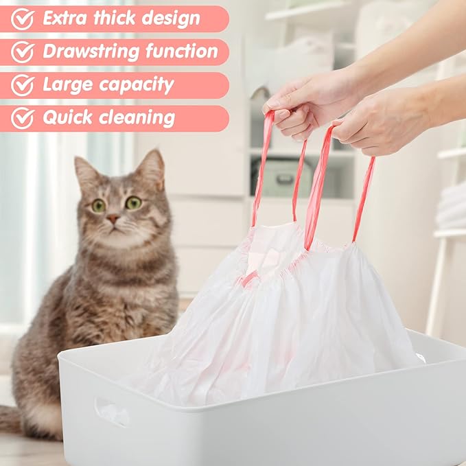 Thenshop 60 Count Jumbo Cat Pan Liners 36'' x 18'' Extra Large Disposable Cat Bags Drawstring Supplies Extra Large Disposable Litter Bags Box Liners for Trash Waste(Pink)
