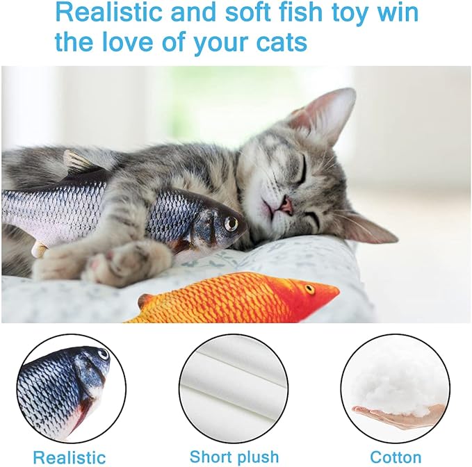 Tocirelo Cat Toys Interactive Flopping Fish with Catnip, 2Pack Interactive Cat Toys for Indoor Cats, 11" Electric Moving Kitten Kicker Toy, Automatic Floppy Fish Bored Kitty Enrichment Products