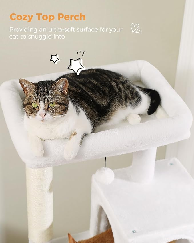 Cat Tree for Large Cats with Metal Plush Big Hammock, 56.3" Cat Tower for Indoor Cats with 2 Door Condo House, 6-Tier Cat Shelves with Scratching Posts and Large Top Perch, Cream White