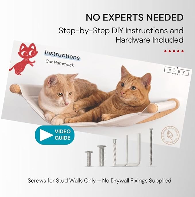 7 Ruby Road Cat Hammock Wall Mounted for Large and Indoor Cats or Kitty, Cute Bed Perch Shelf for Sleeping, Climbing and Lounging, Modern Shelves and Perches, Wooden Mount Cat Wall Furniture & Beds