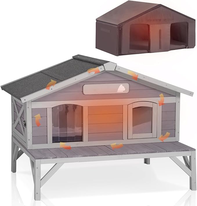 GUTINNEEN Insulated Outdoor Cat House Outside Feral Cat Shelter Weatherproof with Insulated Liner, Large Porch, Escape Door and Name Plate 43.5" L