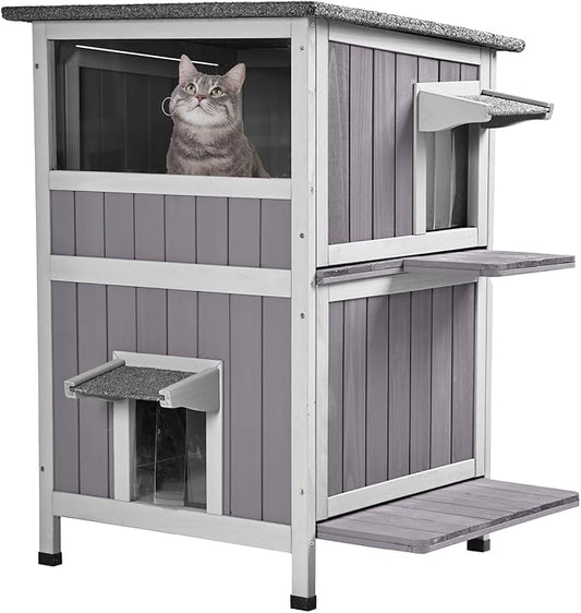 Outdoor Feral Cat House Outside Kitten Shelter 2 Story Cat Catio Enclosure Weatherproof Waterproof