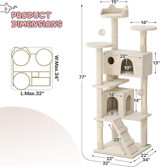 MoNiBloom 77 Inch Cat Tree Tower for Indoor Cats Large Adults, Tall Cat Tower with Scratching Post, Multi-Level Furniture Activity Center with Cat Condo Pet Play House, Beige