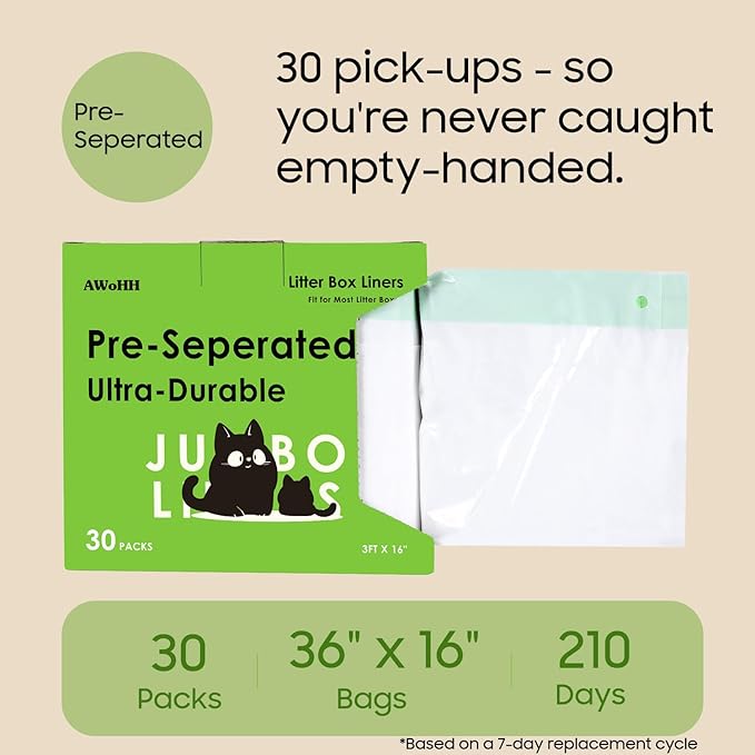 30 Count Cat Litter Box Liners, Drawstring Large/Jumbo Cat Litter Liner Bags For Litter Box, Heavy Duty Pre-Separated 36" x 16"