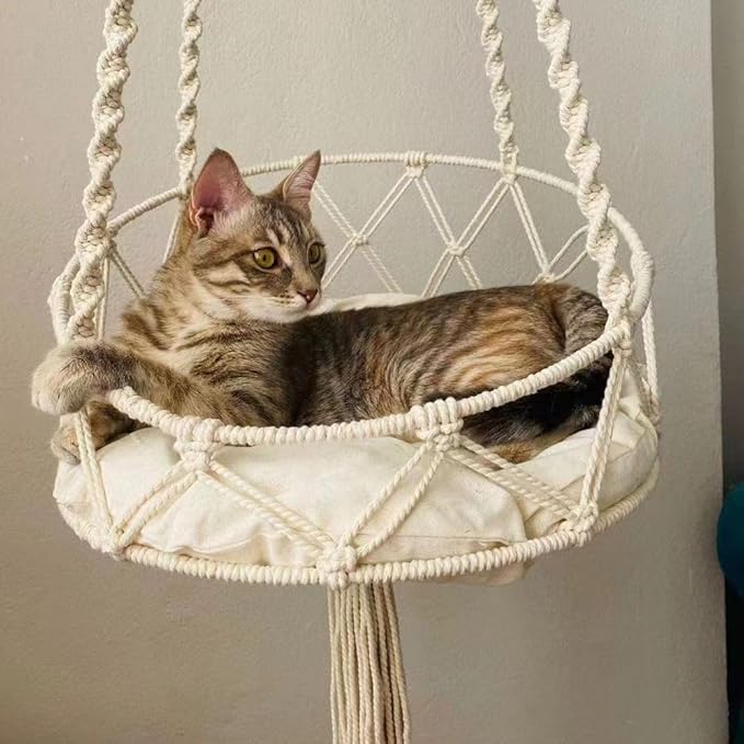 Macrame Hanging Cat Hammock Bed Handwoven Hanging Boho Cat Bed with Hanging Kit for Indoor Outdoor Home Decor Boho Cats Perch Bed for Sleeping Playing Climbing and Lounging for Cats Up to 11 lbs 03