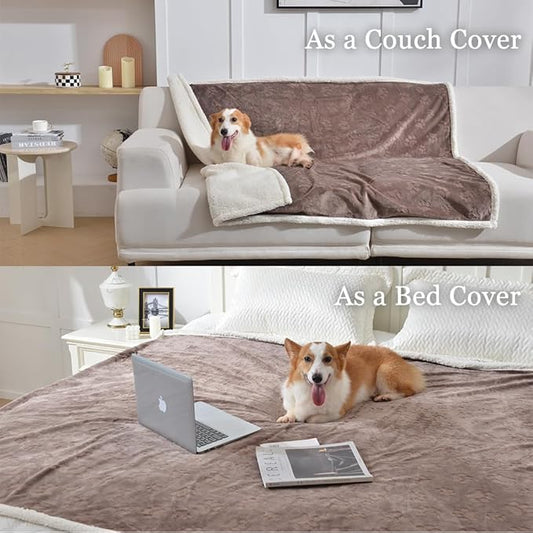 Qeils Waterproof Blanket for Bed Intimacy, Dog Blankets for Large Dogs, Waterproof Cat Blanket Washable, Soft Sherpa Fleece Puppy Blanket, Reversible Throw Protector for Couch Car, 50"X60", Taupe