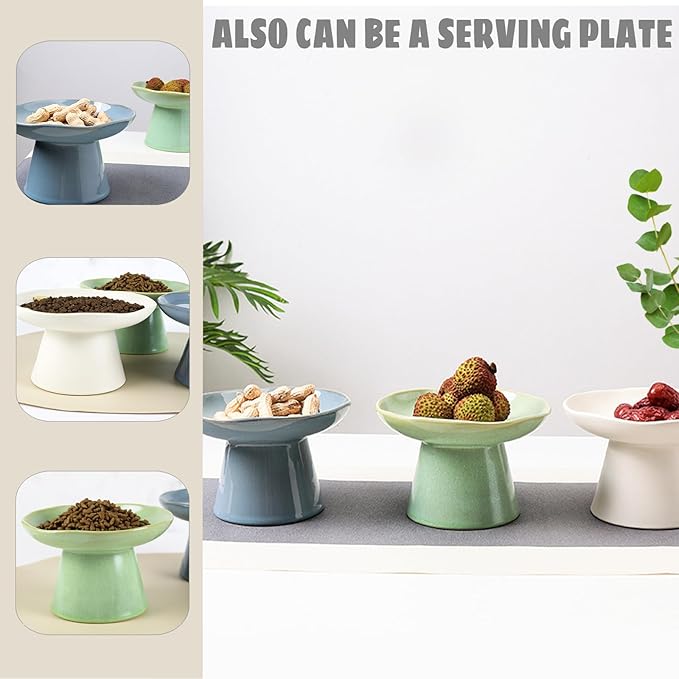 Wide Shallow 6.1" Raised Cat Bowls, Ceramic Elevated Food Bowl for Flat Faced Cats and Small Dogs, Porcelain Feeder Bowl, Stress Free, Protect Cat’s Spine, Green