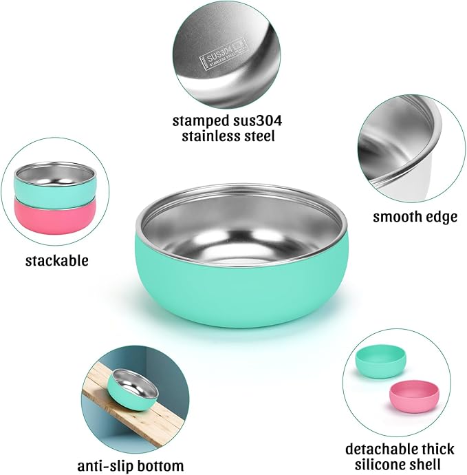 Non-Slip Stainless Steel Cat Bowls, 2 Pack Cat Dishes for Food and Water with Detachable Colorful Silicone Anti-Slip Bottom, 5 '' Wide Thick & Heavy Duty Metal Pet Bowls for Kitten, Cats and Puppy