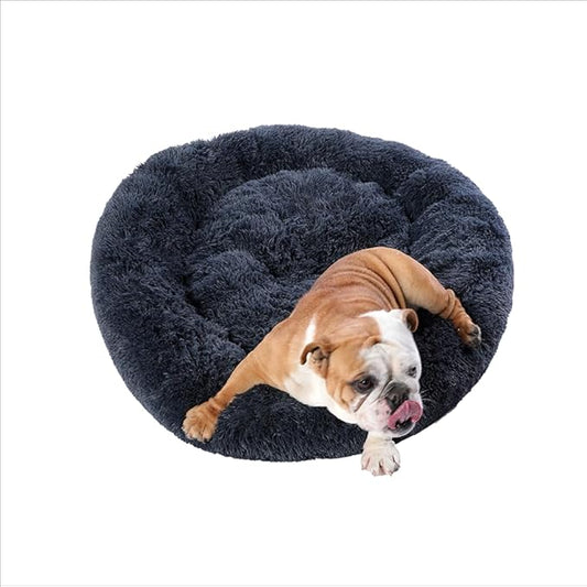 Comfy Dog Bed Large Size Dog - Donut Washable Large Pet Bed, 39 inches Anti-Slip Round Fluffy Plush Faux Fur Cat Bed, Fits up to 120 lbs Pets (Dark Grey)