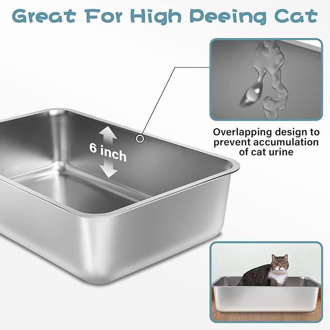 Stainless Steel Litter Box, 23.6“x15.7"x6" Deep Stainless Steel Cat Litter Box Extra Large, XL Metal Litterbox for Big Cats with High Sides, Non Stick Surface, Easy to Clean
