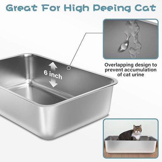 Stainless Steel Litter Box, 17.7"x13.8"x6" Large Metal Litter Box for Kitty/Cat/Rabbits, Easy to Clean, Non Stick Litterbox No Smell for Adult Cats