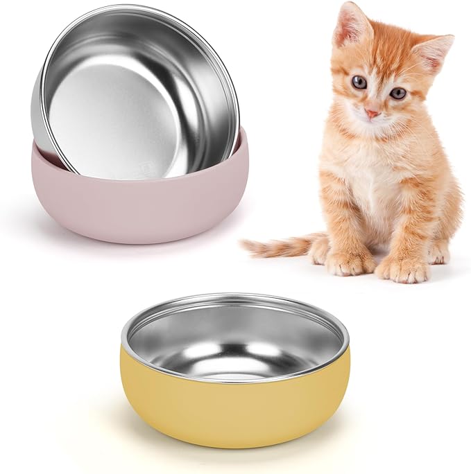 Kitten Food Bowls 2 Pack, Stainless Steel Cat Food and Water Bowl Set with Anti-Slip Silicone Bottom, 5 '' Wide Thick & Heavy Duty Metal Pet Bowls for Indoor Cats