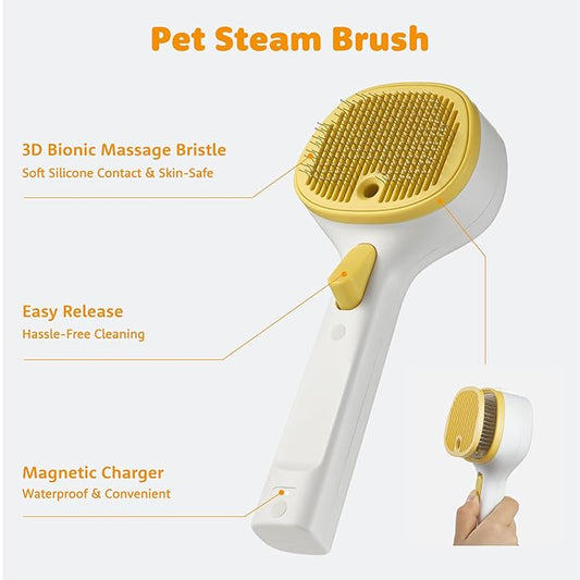 FURGO 3-in-1 Pet Steam Brush for Dogs & Cats – Reduces Static, Short-Pin Head for Short Hair, One-Click Release Button, Dog Spray Brush for Shedding Control (Short)