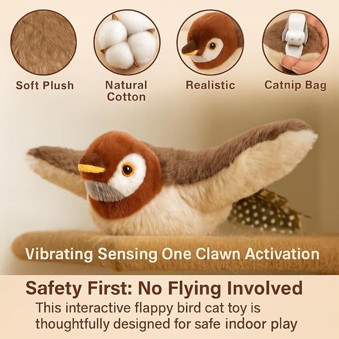 Flapping Bird Cat Toy, Cat Toys for Bored Indoor Adult Cats (No Flying) - Interactive Automatic Cat Toy with Chirping & Flapping Wings, Catnip Toy for Cats, Juguetes para Gatos