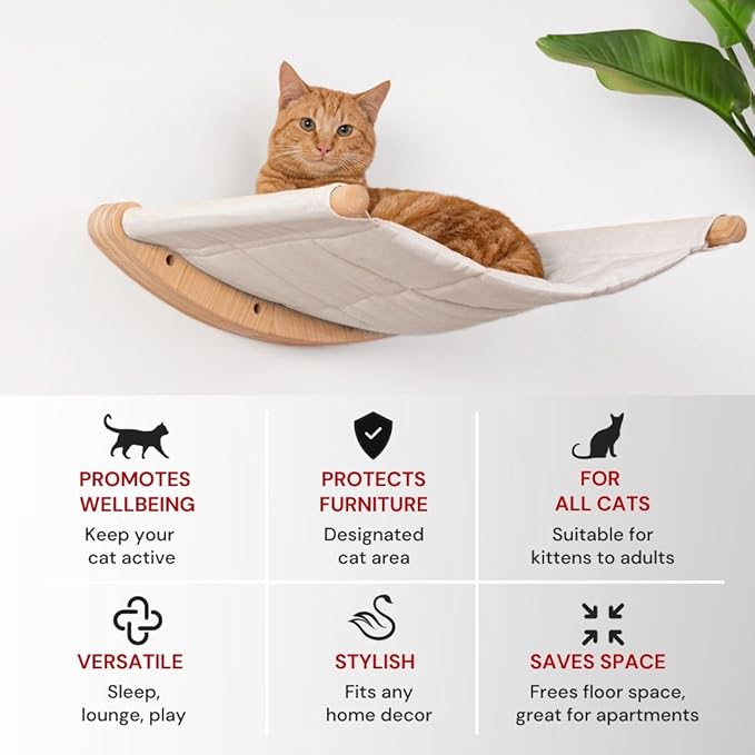 7 Ruby Road Cat Hammock Wall Mounted for Large and Indoor Cats or Kitty, Cute Bed Perch Shelf for Sleeping, Climbing and Lounging, Modern Shelves and Perches, Wooden Mount Cat Wall Furniture & Beds