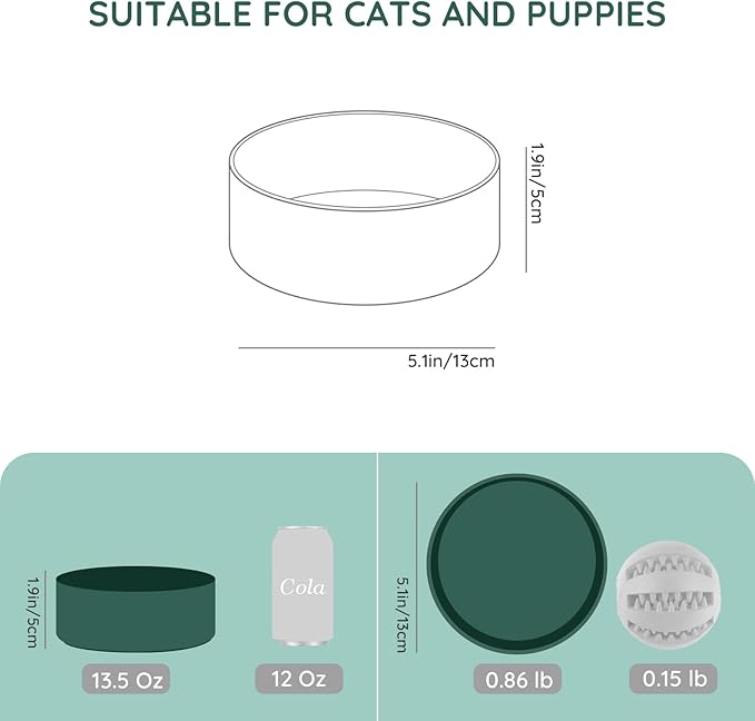 SPUNKYJUNKY 13.5OZ Ceramic Dog and Cat Bowl, Modern Cute Weighted Food Water Bowl for Replacement Green (1 Pack)