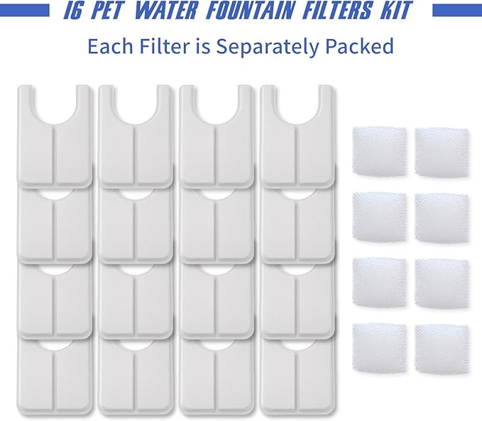 Cat Water Fountain Filter Replacement Rectangle & Pre-Filter Sponges for 108/3.2L& 67oz/2L Ceramic Automatic Pet Water Dispenser Dog Drinking Fountain (16 Filters&8 Sponges)