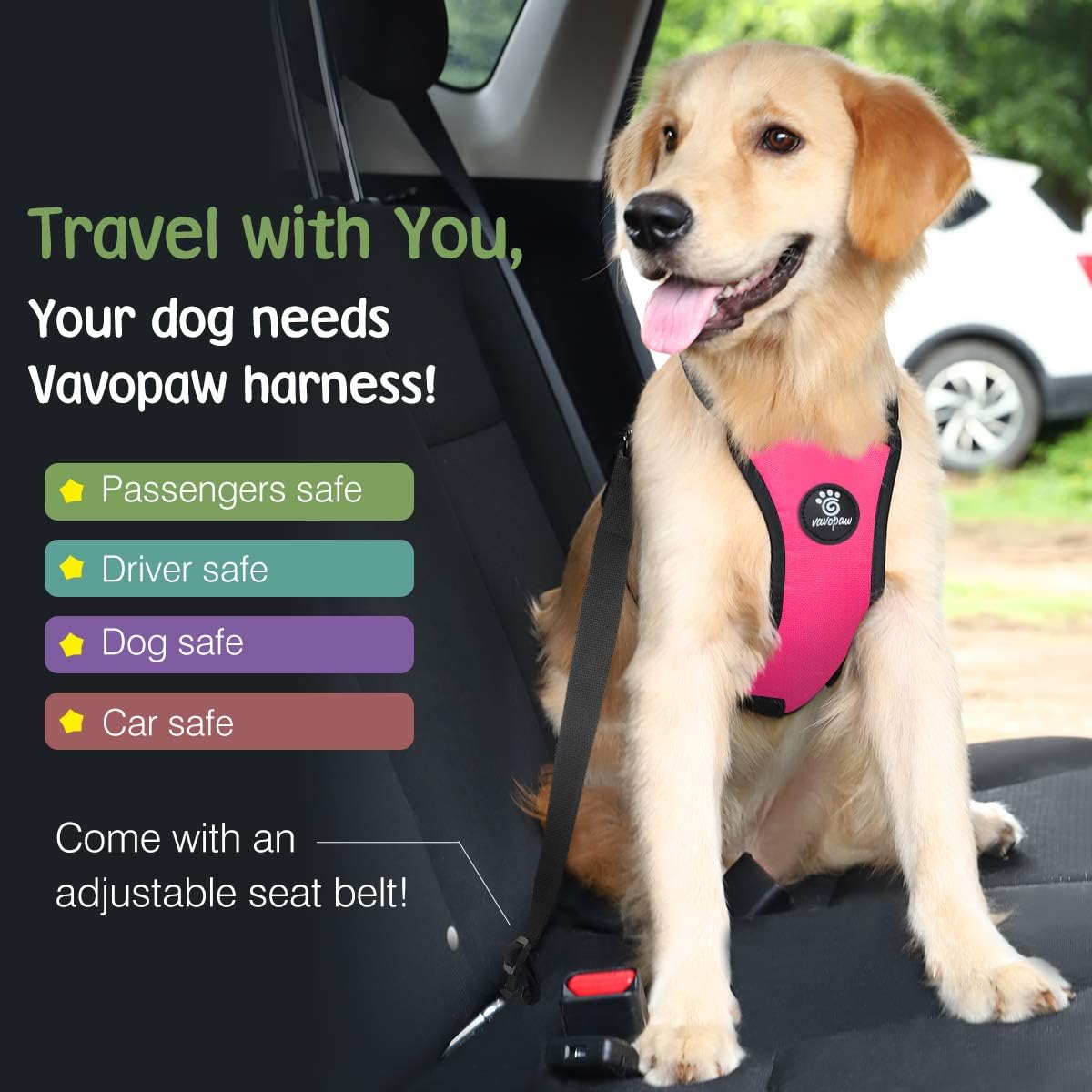 Dog Seat Belt, Safety Vest Dog Car Harness with Adjustable Buckle Dog Seat Belt for Vehicle Nylon Pet Safety Seat Belts Heavy Duty(XL, Magenta)